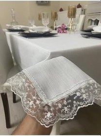 Resim Keten Görünümlü Dantel Detaylı Simli Dertsiz Masa Örtüsü Beyaz + 12 Peçete, 150 x 220 