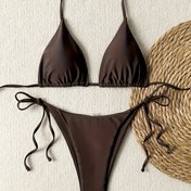 Resim Yeni Kadın Modası Plaj Tatili Kahverengi Bağcıklı İki Parçalı Bikini Mayo 