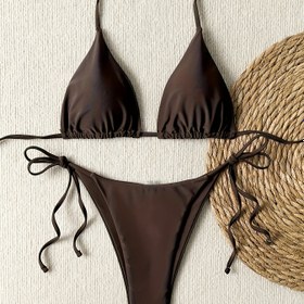 Resim Yeni Kadın Modası Plaj Tatili Kahverengi Bağcıklı İki Parçalı Bikini Mayo 