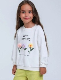 Resim Kız Çocuk Örgü Çiçek Desenli Sweatshirt-14297 Beyaz 