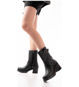 Resim 5109-3043 Siyah Toka Aksesuarlı Fermuarlı Kalın Topuklu Günlük Kadın Bot Beyaz 