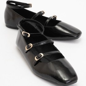 Resim Glımmer Siyah Rugan Hakiki Deri Bilekten Bağlamalı Küt Burun Kadın Babet Ayakkabı Siyah Rugan 