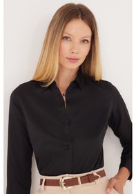 Resim Tudors Kadın Slim Fit Dar Kesim Vucüda Oturan Uzun Kollu Siyah Basic Gömlek-35323 Siyah 