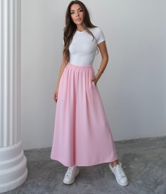 Resim Beli Lastikli Geniş Kesim Kloş Double Krep Pantolon Etek 5187 - Pembe - Pembe / S-M 