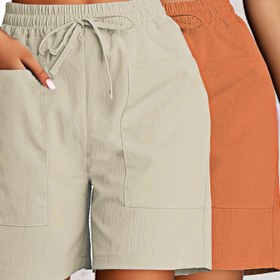 Resim 2 adet Düz Renk Tulum Moda Rahat Şort Çift Cep Nefes Alabilen Hafif Kadın Bahar ve Yaz Rahat Giyim 