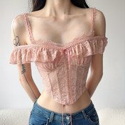Resim Kadınlar İçin Şık Pembe Dantel Kolsuz Üst - Beli Sıkılaştırıcı Bağcıklı, Esnek Polyester/Elastan Karışımı Yazlık ve Plaj Giyim 