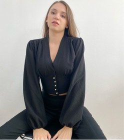 Resim Mois Atelier Siyah Crop Top Bluz Gömlek, Tasarım, Hediye, Büyük Beden Siyah 
