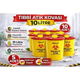 Resim Atık Kovası 10 Litre 10 Adet Kapaklı Atık Kutusu Enfekte Atık Kovası Seti Sarı 