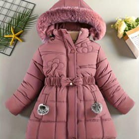 Resim Kızlar için Rahat ve Moda Ayrılabilir Peluş Şapka Kaban Kış 1 Adet 4-10 Yaş Arası 