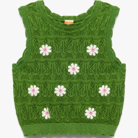 Resim Kız Bebek Çiçek Nakış Detaylı Bisiklet Yaka Pamuklu Triko Crop Atlet 