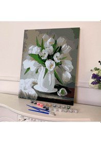 Resim Sayılarla Boyama Seti 40 x 50 CM Tuval Şasesine Gerili Beyaz Çiçekler 