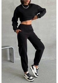 Resim Dip Moda Kadın Bisiklet Yaka Crop Eşofman Takımı Dpnbg041 Siyah 