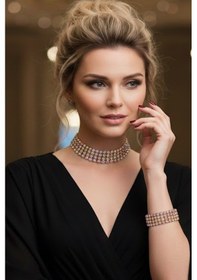 Resim Caş Dekorasyon Altın Renk Taşlı Choker Kolye Ve Bileklik Set Altın 