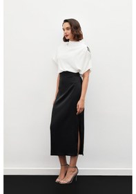 Resim Sateen Bel Pile Detaylı Saten Etek - Siyah 