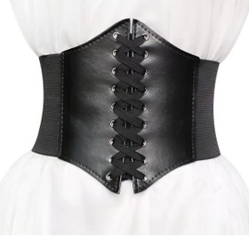 Resim Kadınlar için Siyah PU Deri Korse Kemeri - Gotik Tarz Bağcıklı Bel Sıkılaştırıcı Ayarlanabilir Kayışlarla, Fransız Sarayı İlhamlı Tasarım Günlük veya Bayramlık Kıyafetler İçin, Ayarlanabilir Korse Kemeri | Fransız Sarayı Tasarımı | Örgülü Dokulu 