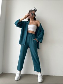 Resim BEJNA Kadın Petrol Yeşili Kimono Pantolon Örme Takımı 