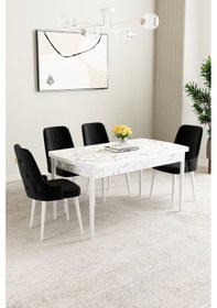Resim Mabel Beyaz Mermer Desen 80x132 Açılabilir Yemek Odası Takımı 4 Adet Sandalye Siyah 
