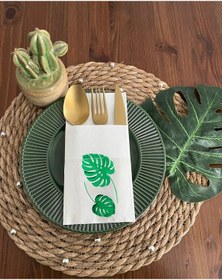 Resim Yeşil Yaldızlı Beyaz Cepli Deve Tabanı Peçete 12 Adet 40x40 