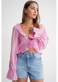 Resim Mixray 4712 Kadın Volanlı Modal Bolero Bluz Pembe 
