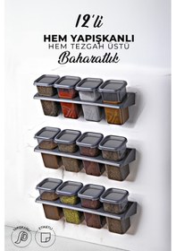 Resim Kitchen Life 12'li Etiketli Standlı Kendinden Yapışkanlı Kare Baharatlık Takımı - Erzak Saklama Kabı Seti Siyah 