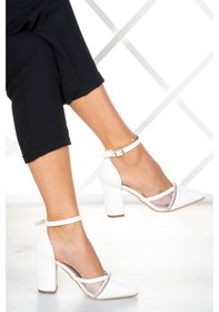 Resim Molly Beyaz Vegan Taşlı Fileli Kalın Topuklu Ayakkabı 