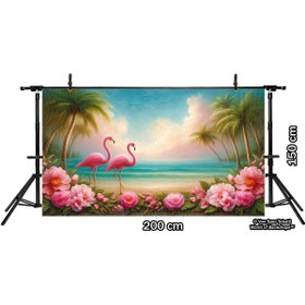Resim Venspor Tropikal Flamingo ve Çiçekli Sahil Arka Plan, 200x150cm Fon Duvar Örtüsü 