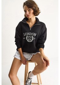 Resim Shade Kadın London İşlemeli Dik Yaka Fermuar Detaylı Şardonlu Oversize Sweatshirt 10003 60283529 - Siyah 