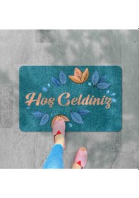 Resim Dijital Baskılı Hoş Geldiniz Yazılı Çiçek Desenli Kapı Önü Paspası İç Ve Dış İçin Yıkanabilir Kaymaz Açık Gri 