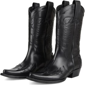 Resim FootCourt Erkek Kovboy Çizmesi Deri Siyah Slip-on Bağlama ile Günlük Kullanım İçin Rahat 