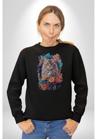 Resim Çiçek Kedi Sulu Boya Unisex Siyah Baskılı Sweatshirt Siyah 