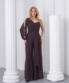Resim Neşeli Butik kadın kahverengi tek kol astarlı tül kumaş tasarım abiye tulum NBS9389 