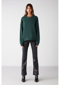Resim Grimelange Susana Kadın Bisiklet Yaka Içi Polarlı Oversize Fit Basic Koyu Yeşil Sweatshirt 