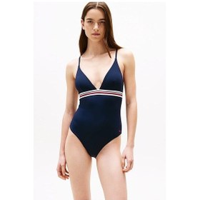 Resim Tommy Hilfiger Kadın Th Global Stripe Derin Yaka Tek Parça Mayo - Lacivert Dark Night Navy 