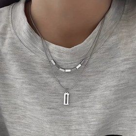 Resim 1 adet titanyum 316L paslanmaz çelik çift katmanlı dikdörtgen gümüş renkli kolye, şık ve zarif aksesuar 