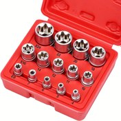 Resim 14 parça E-Torx manşonlu alet seti, krom-vanadyum çelik, ısıl işlem görmüş ve dövülmüş, çok fonksiyonlu yıldız desenli anahtar, en üstün yıldız soket seti, tork soket seti, dış kutu soket seti, araba tamiri için, iş verimliliğini artırır 