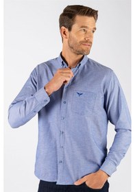 Resim Tudors Erkek Klasik Fit Normal Kesim Uzun Kollu Pamuklu Oxford Doku Tek Cepli Mavi Düğmeli Yaka Gömlek-23432-mavi Mavi 