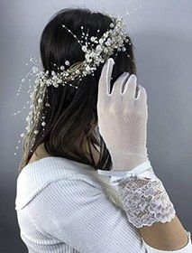 Resim Beyaz Uzun Gelin Eldiveni Ve Krem İncili Taç Nikah Takımı 