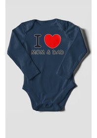 Resim I Love Mom And Dad Baskılı Bebek Zıbını Çıtçıtlı Body %100 Pamuk Uzun Kol Lacivert 