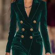 Resim Şık Kadın Orta Boy Yeşil Kadife Blazer - Çift Düğmeli, Uzun Kollu, Düğme Detayı, Bahar / Sonbahar için Mükemmel, H-Şekilli Siluet, Yaka Detayı, Polyester Karışımı 