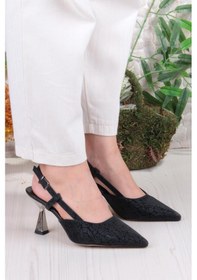 Resim Fort 1182-09 Fls Saten Baskılı Arkası Açık Topuklu Kadın Ayakkabı Siyah 