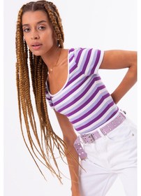 Resim Kadın Kare Yaka Detay Lila Çizgili Body-s Lila 