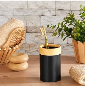 Resim Bersachef Limpia Bambu Desenli 5'li Banyo Seti Çöp Kovası Sıvı Sabunluk Diş Fırçalık Kutusu Banyo Seti Siyah 