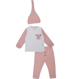 Resim Bebelop Unisex Bebek Raporlu Hayvan Nakışlı Şapkalı 2'li Alt Üst Takım 001 