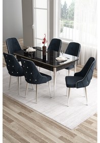 Resim Canisa Tia Serisi 80x132 Açılabilir Mdf Beyaz Gold Detay Masa Takımı Ve 6 Lacivert Sandalye Masa Beyaz Sandalye Lacivert 