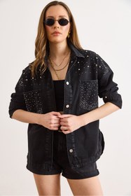 Resim Olalook Kadın Siyah Boncuk ve Taş Detaylı Oversize Denim Ceket CKT-19000433 