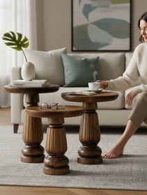 Resim ASELYA HOME Doğal Ahşap 3’lü Set Mantar Yan Sehpa Modern Fiskos Zigon Çiçeklik 