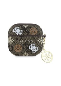 Resim Apple Uyumlu AirPods 4 Kılıf Guess Lisanslı Metal Zincirli 4g Desenli Yazı Logolu Peony Kılıf Kahverengi 