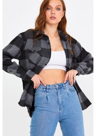 Resim Kadın Füme-siyah Slim Fit Cepli Ekoseli Oduncu Gömlek-kkkodg001r03s Füme-siyah 