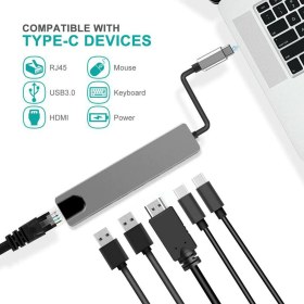 Resim Flagen 6 In 1 Macbook Uyumlu Type-C™ To 4K HDMI Tv Projeksiyon Ultra Hd 1080P 2* Type-C 2* USB 3.0 100MBPS Ethernet Lan 6ın1 Çevirici Hub Adaptör 