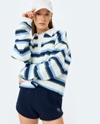 Resim Şardonlu Oversize Polo Yaka Düğmeli Çizgili Sweatshirt 